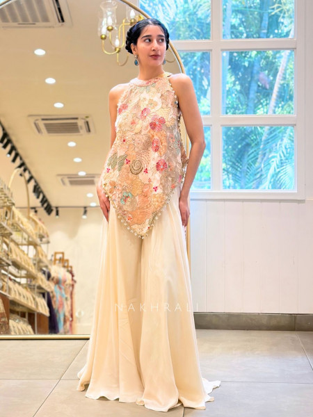 Floral Cream Indo-Western Palazzo Set with Sequin Work