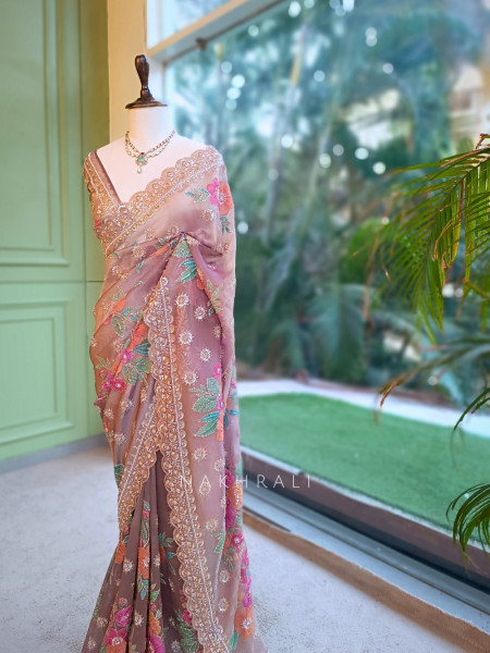 Noor-e-Bahar Wine Silk Organza Saree with Multicolor Floral Resham Embroidery