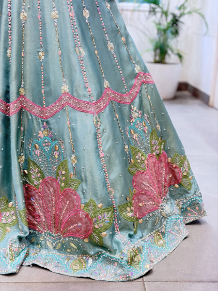 Solaris Petal Blue Satin Silk & Soft Net Lehenga