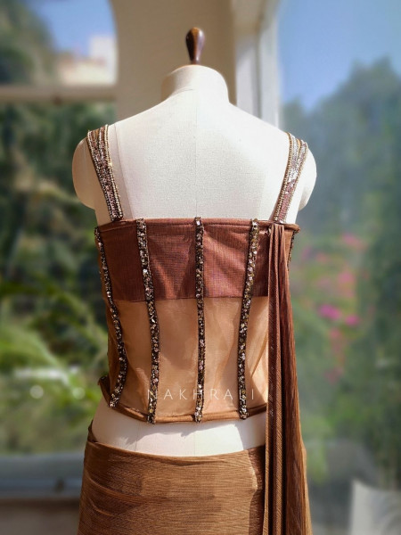 Henley Brown Shimmer Corset Skirt Set with Sequin Grid Work