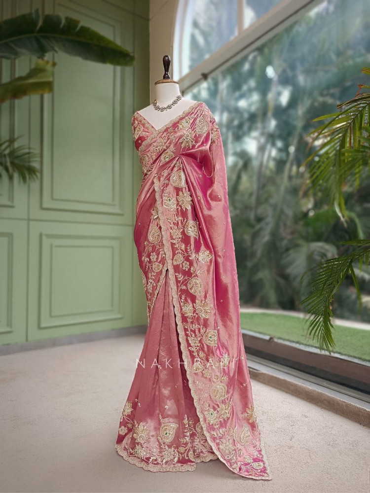 Image of Nishaara Onion Pink Metallic Silk Tissue Saree with Zardozi &amp; Paisley Embroidery