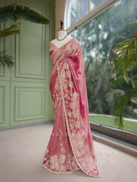 Nishaara Onion Pink Metallic Silk Tissue Saree with Zardozi & Paisley Embroidery