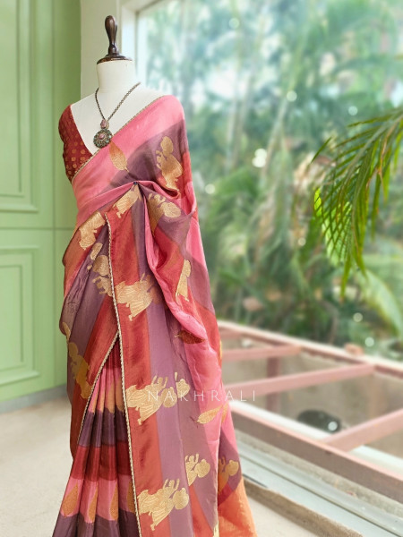 Rangrekha Pink Saree With Striped Woven Figurative Motifs