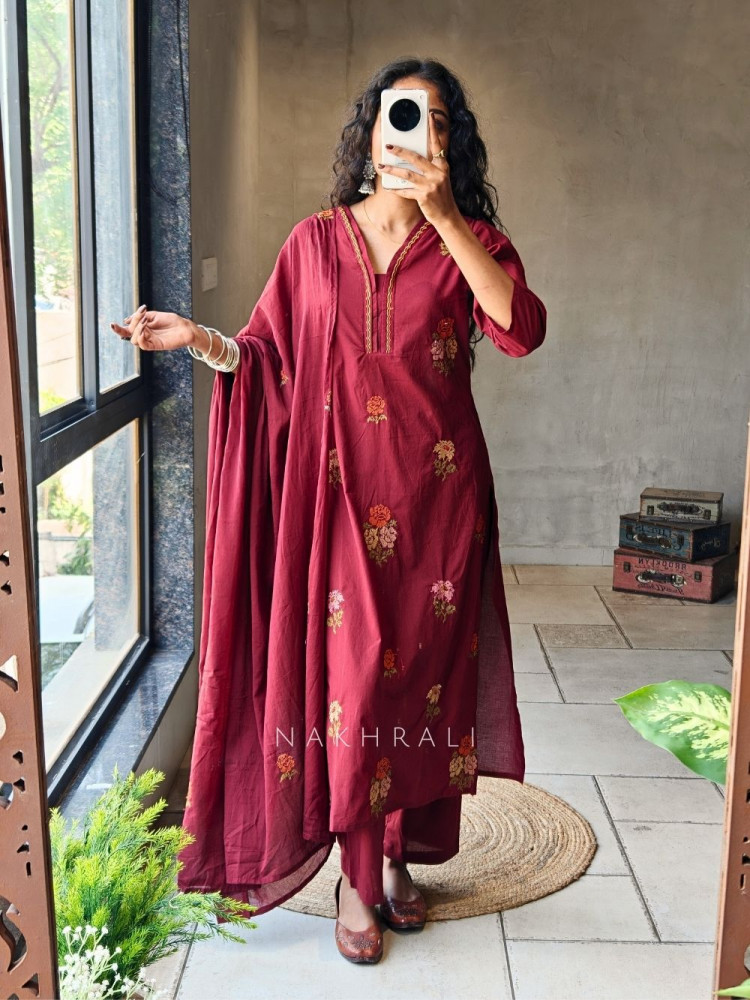 Image of Kavira Maroon Suit Set with Floral Embroidery Work