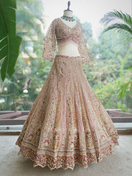 Shararat Beige Net Lehenga Set with Sequin Embroidery