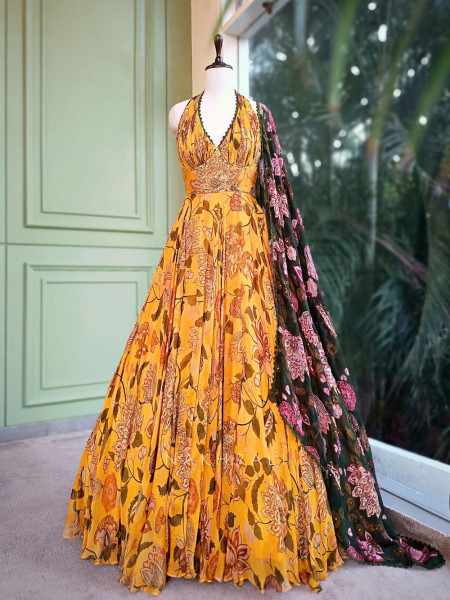 Marigold Bloom Floral Halter Neck Anarkali with Dupatta
