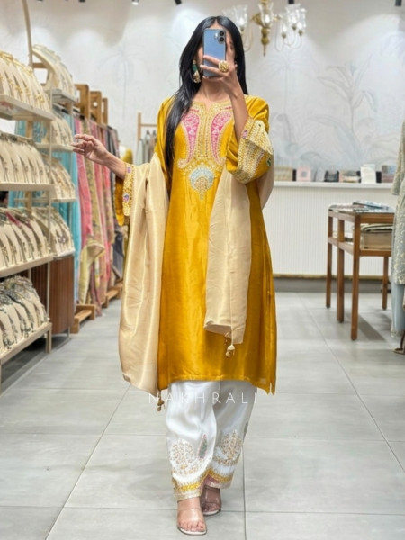 Resham Rang Mustard Silk Blend Farshi Suit Set With Zari, Zardozi & Resham Embroidery