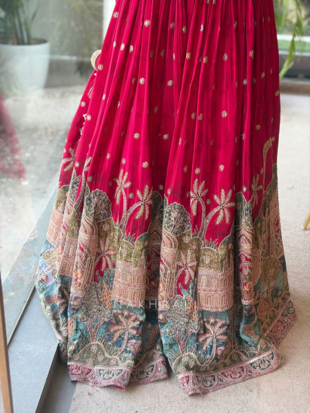 Jharokha Tales Red Lehenga with Pichwai-Inspired Embroidery