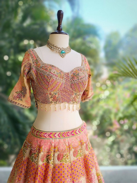 Sanika Beige Silk Printed Lehenga with Mirror Work