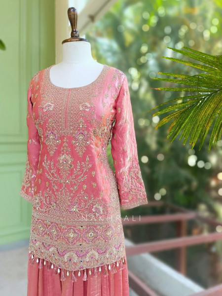 Nirshya Pink Silk Kurta Palazzo Set with Zari Embroidery