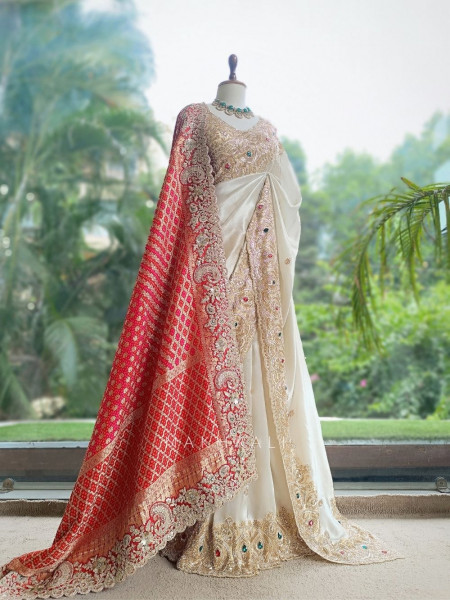 Celestial White Satin Silk Saree With Red Embroidered Dupatta