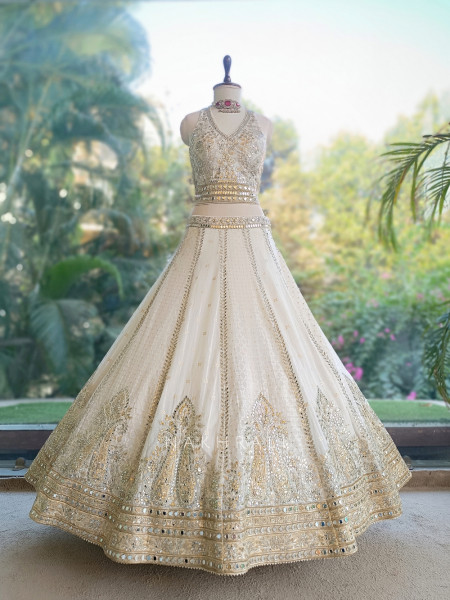 Shabnam Sheesha White Georgette & Tulle Net Designer Lehenga Set