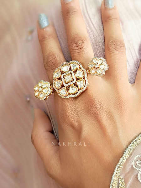 Rajvi Kundan Triple Motif Ring with Polki Detailing