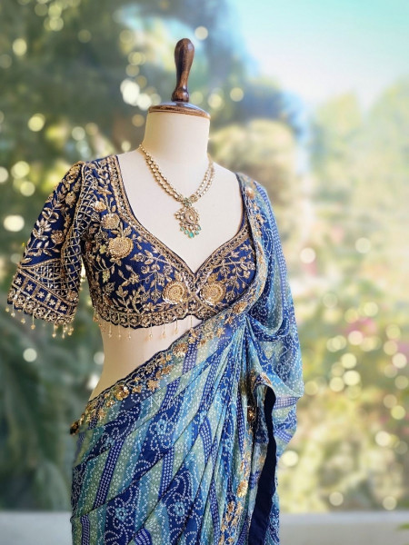 Riva Blue Printed Saree with Embroidered Readymade Blouse
