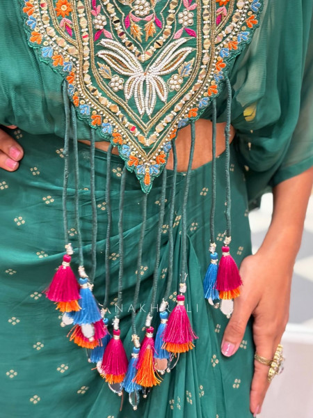 Boho Green Chinon Drape Skirt Set with Embroidered Tassel Yoke