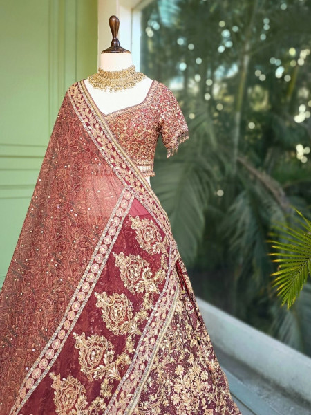 Evara Wine Bridal Lehenga with Gota Patti and Bead Work