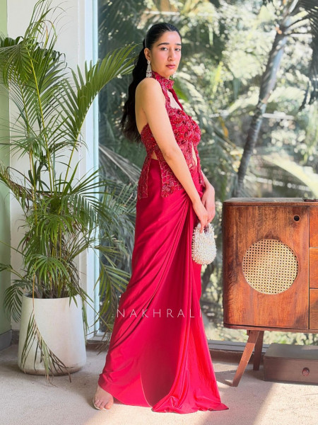 Rivya Embroidered Halter Crop Top with Draped Skirt Set