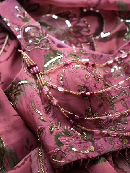 Manoram Pink Floral Printed Saree with Beaded Readymade Blouse