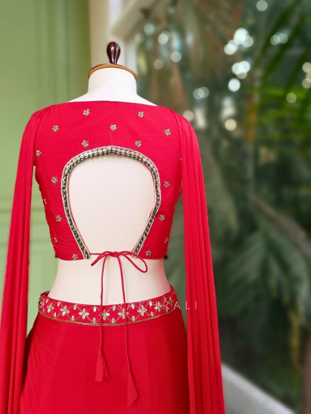 Navira Red Indo Western Draped Dress with Zari Cut Dana and Sequin Work