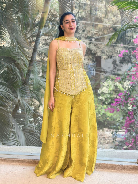 Zariya Lime Green Mirror Crop Top Palazzo Set with Choker Dupatta