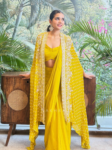 Serenara Yellow Drape Saree with Embellished Cape