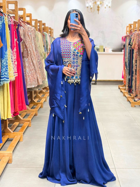 Bella Blue Indo Western Palazzo Set with Thread Embroidery Work