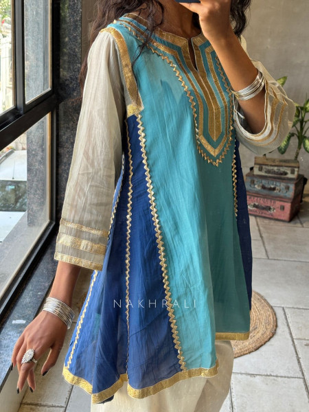 Zoriva Blue Indo-Western Kurta Pant Set with Gota Patti Detailing