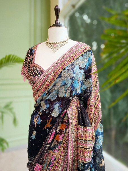 Enchanto Black Saree with Zari and Sequin Work