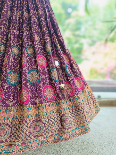 Gulaal-e-Firdaus Purple Green Lehenga Set Embroidery & Mirror Work