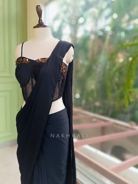 Monstera  Black Soft Mesh Georgette Drape Saree with Corset Blouse