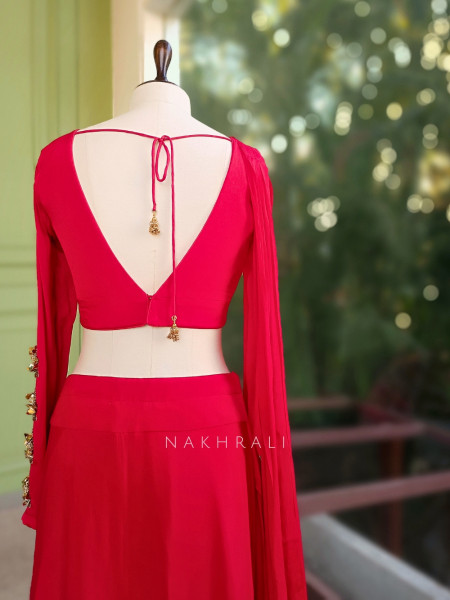 Carmine Red Indo Western Drape Skirt Set with Zari and Sequin Embellishment
