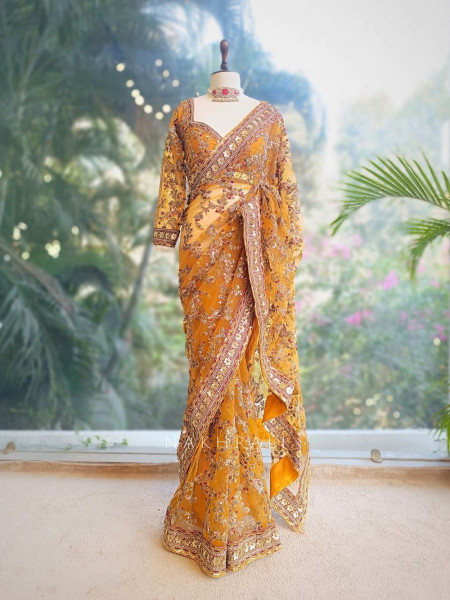 Navira Mustard Embroidered Net Saree with Sequins