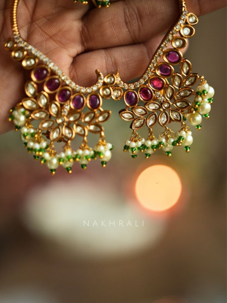 Arnika Magenta Floral Kundan Hoop Earrings