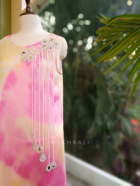 Rosé Glow Pink Indo Western Palazzo Cape Set with Mirror & Cut Dana Work