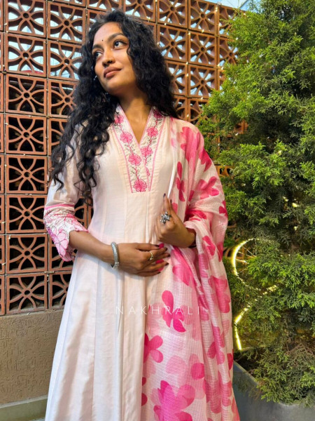 Rivaya White Anarkali Suit Set with Pink Printed Dupatta