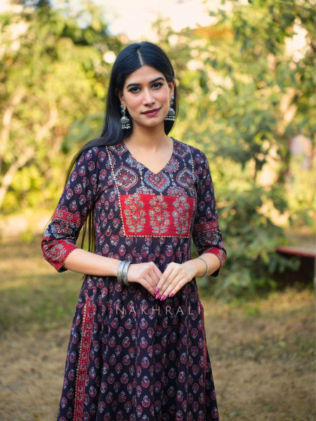 Noori Black Cotton Flared Kurta Pant Set