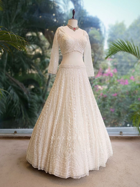 Divyana White Lehenga Set with Sequin Cut Dana Work