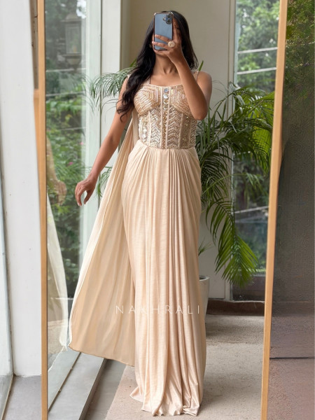 Sohvi Beige Drape Gown with Bead, Sequin, Cut Dana and Mirror Work