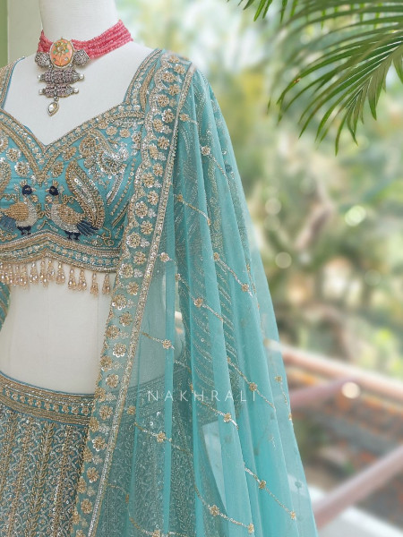 Vastra Firozi Net Lehenga with Cut Dana Sequin Bead Work