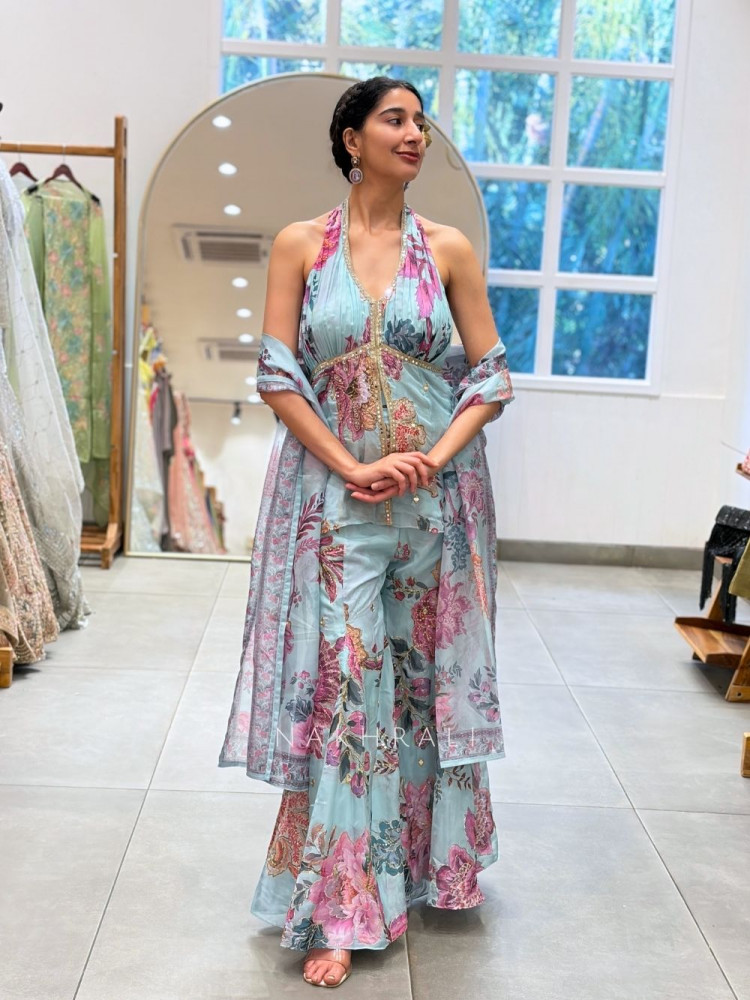 Image of Mihira Blue Floral Gharara Suit Set with Zari Work