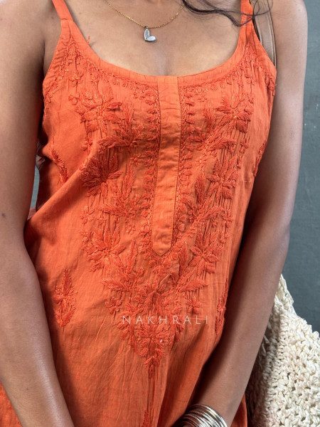 Sunbreeze Orange Cotton Chikankari Sleeveless Kurti with Embroidery
