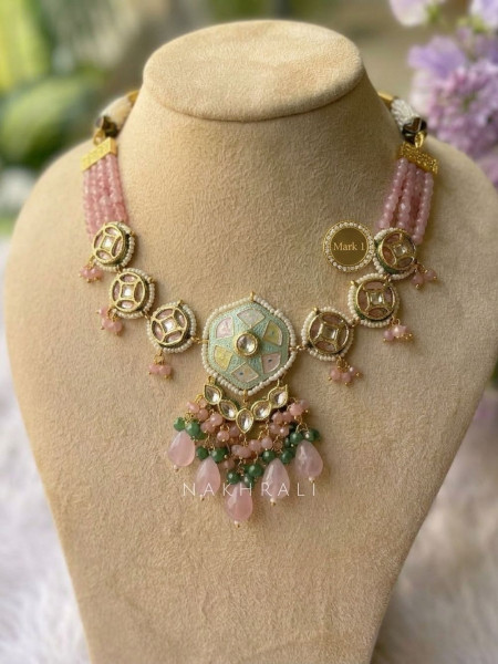 Rajshree Pink Assorted Colour Necklace Set with Mirror & Bead Drop Work