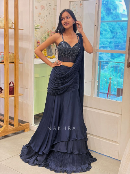 Sapphire Blue Indowestern Lehenga with Cut Dana & Sequin Work