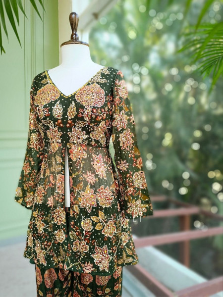 Tamsa Georgette Kurta Palazzo Set With Floral Print with Sequin & Mirror Work