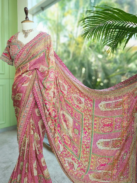 Prisha Pink Printed Saree with Sequin Work