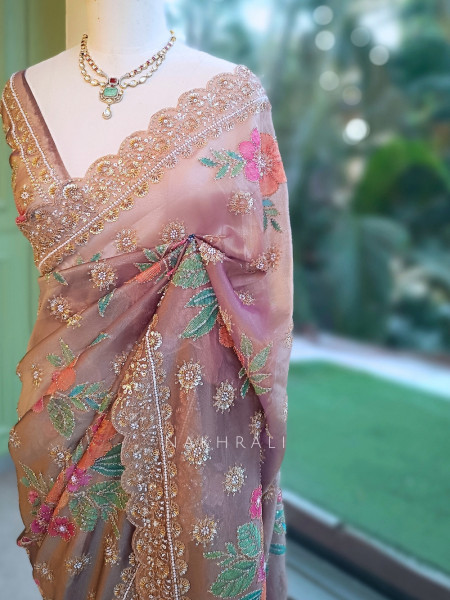 Noor-e-Bahar Wine Silk Organza Saree with Multicolor Floral Resham Embroidery