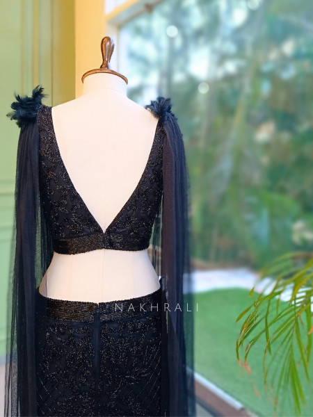Nova Black Crop Top & Skirt Set with Cut Dana Work
