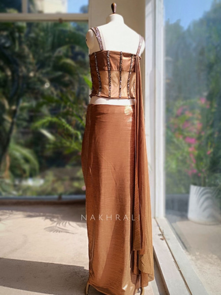 Henley Brown Shimmer Corset Skirt Set with Sequin Grid Work