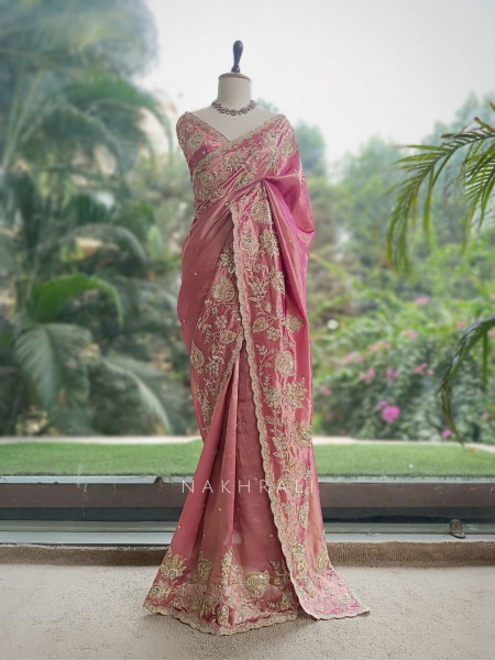 Nishaara Onion Pink Metallic Silk Tissue Saree with Zardozi & Paisley Embroidery