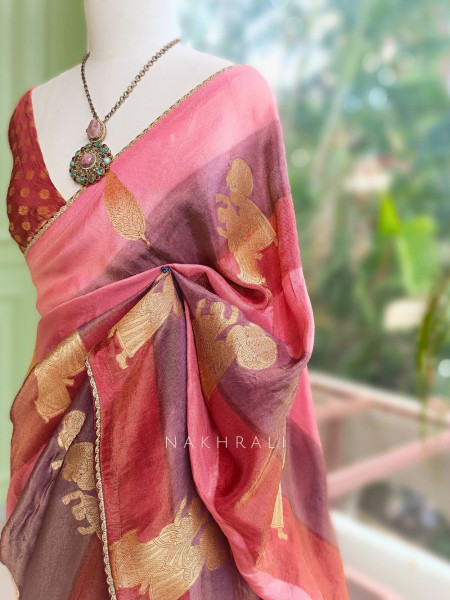 Rangrekha Pink Saree With Striped Woven Figurative Motifs